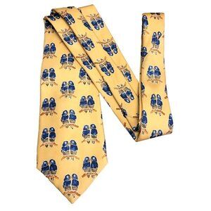 Lands End Silk Parrot Necktie Blue Parrot Pair on Branch Yellow Background USA